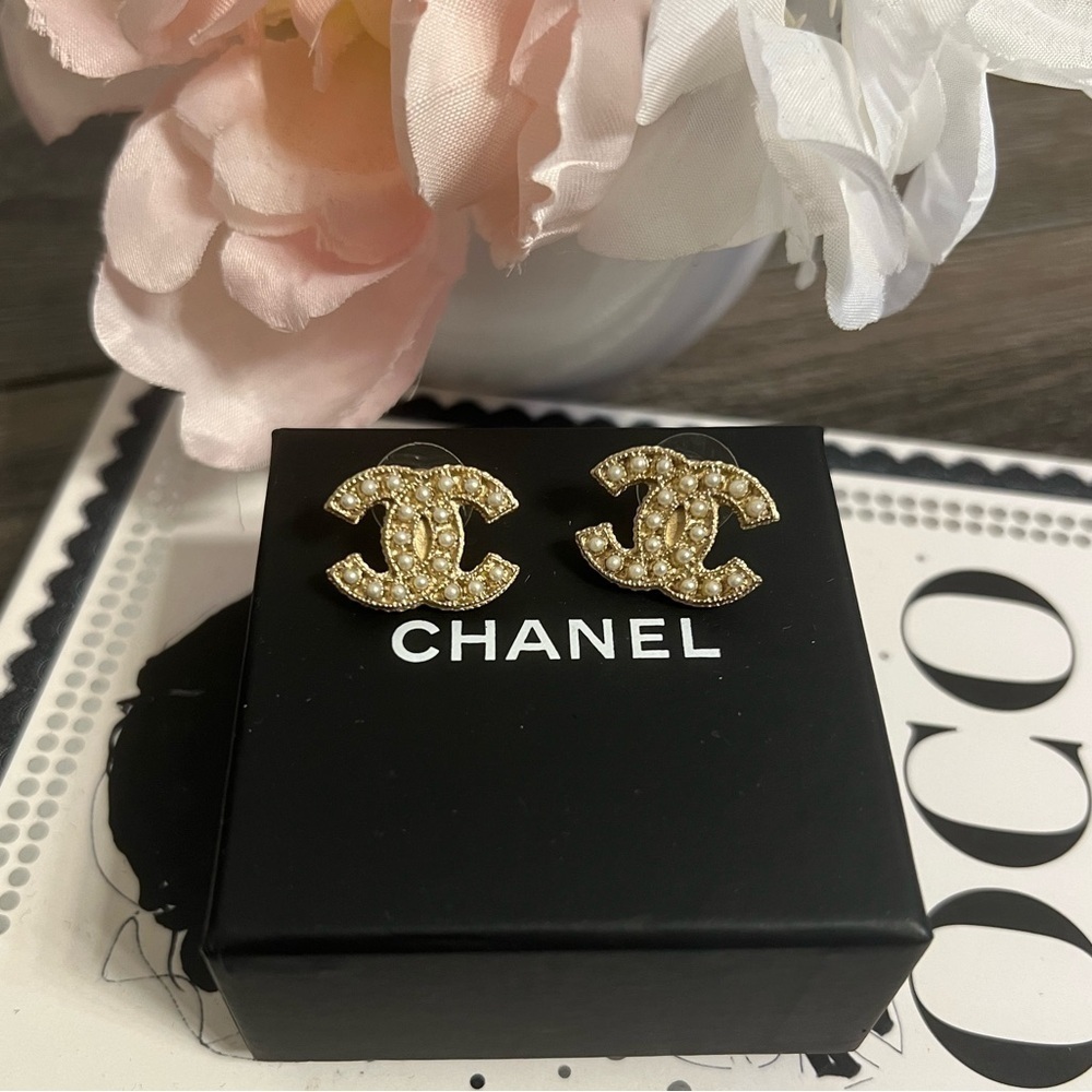 Chanel Classic Gold Faux Pearl CC Stud Earrings